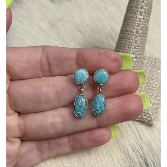 Southwest Jewelry - Native American Sterling White Water Turquoise Double Stone Post Dangle Earrings